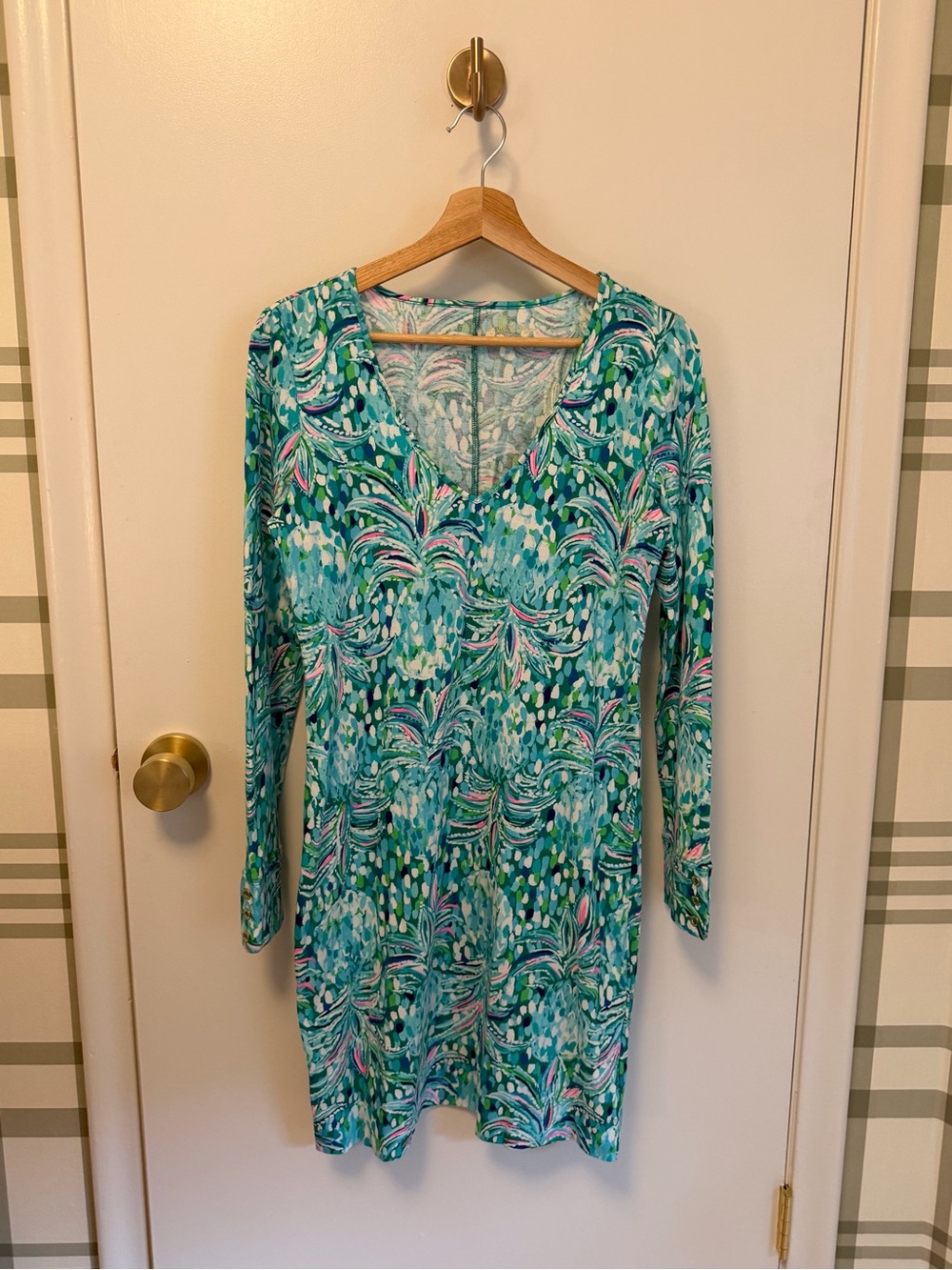 Lilly Pulitzer Teal & Pink Printed V-Neck Midi Dress